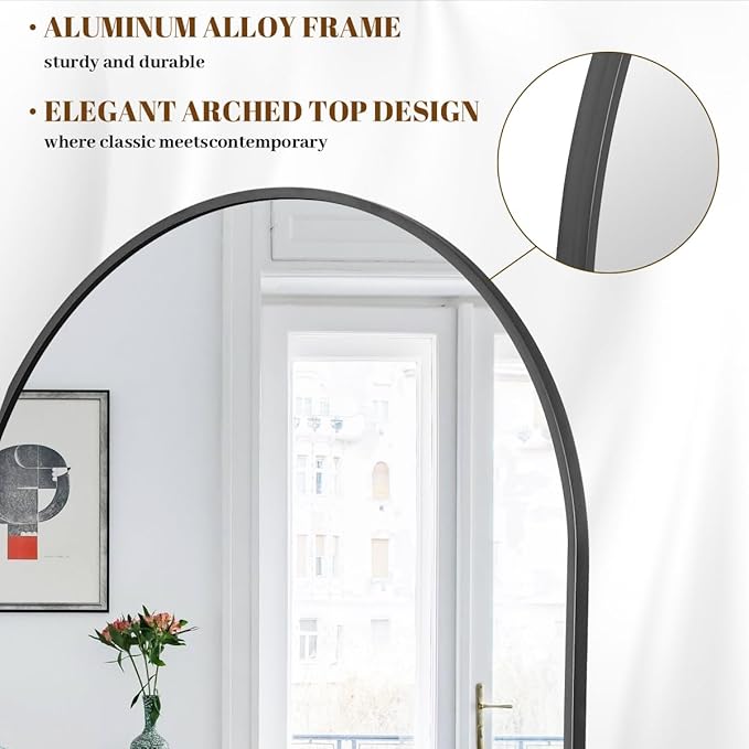 Koonmi Arched Full Length Mirror, 64"x21" Black Standing Hanging or Leaning Full Body Mirror with Aluminum Alloy Frame for Living Room and Bedroom