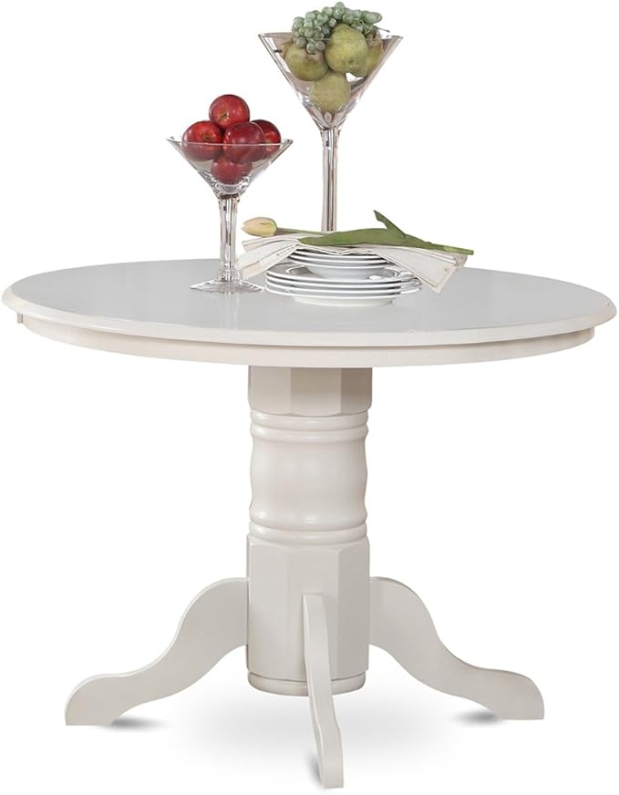 East West Furniture SHEN3-LWH-06 3 Piece Dining Set Contains a Round Kitchen Table with Pedestal and 2 Dark Shitake Linen Fabric Parson Dining Chairs, 42x42 Inch, Linen White