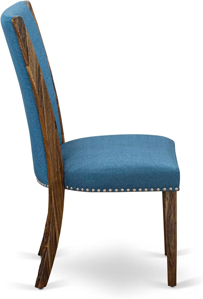 East West Furniture V727VE721-9 9 Piece Dining Set Includes a Rectangle Dining Room Table with V-Legs and 8 Blue Color Linen Fabric Upholstered Parson Chairs, 40x72 Inch, Multi-Color