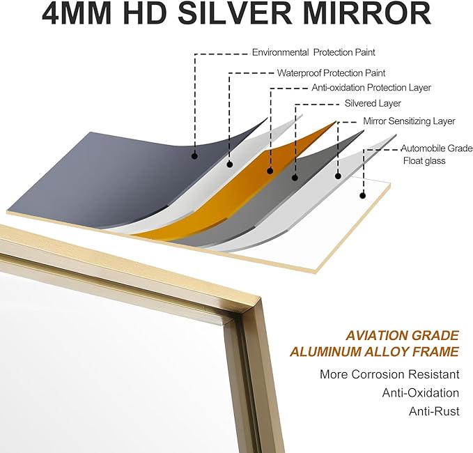 24x30 Inch Gold Bathroom Mirror - Copper-Free Mirror, Aluminum Alloy Frame Vanity Rectangle Wall Mounted Modern Mirror for Bedroom/Living Room/Porch Horizontal or Vertical