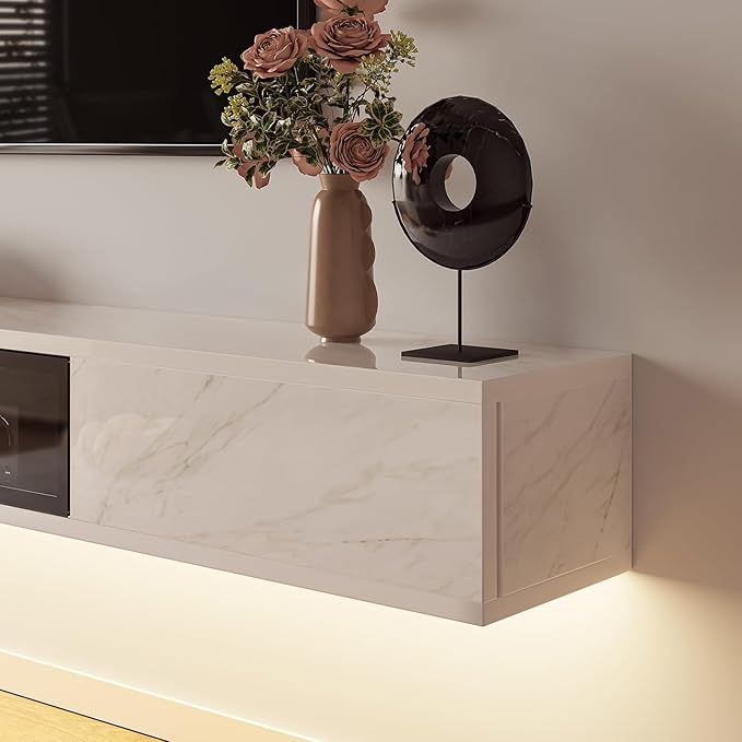 High Gloss Floating TV Stand,47'' Wall Mounted TV Console,Under TV Floating Shelf,Floating TV Cabinet with 3 Doors for Bedroom Living Room,White