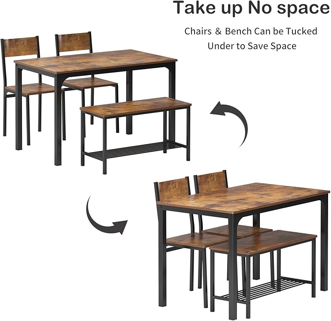 SogesHome 4-Piece Dining Table Set for 4 - Space-Saving Kitchen Set with Bench and Chairs, Ideal for Restaurants and Coffee Shops, Vintage Brown