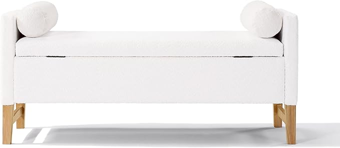 Merax Boucle Upholstered Storage Ottoman Bench 50.8" End of Bed Bench with 2 Round Pillows & Solid Wood Legs, Ample Hidden Storage Space, for Entryway Bedroom, Ivory