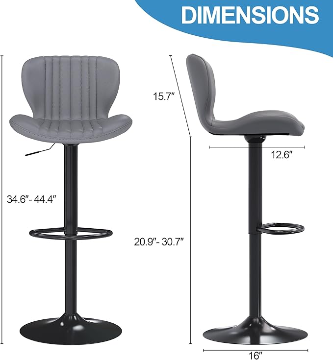 Shintenchi Bar Stools Set of 6 Modern Swivel Bar Chairs, Counter Height Faux Leather Metal Barstools, Upholstered Island Chairs with Back and Footrest, Gray