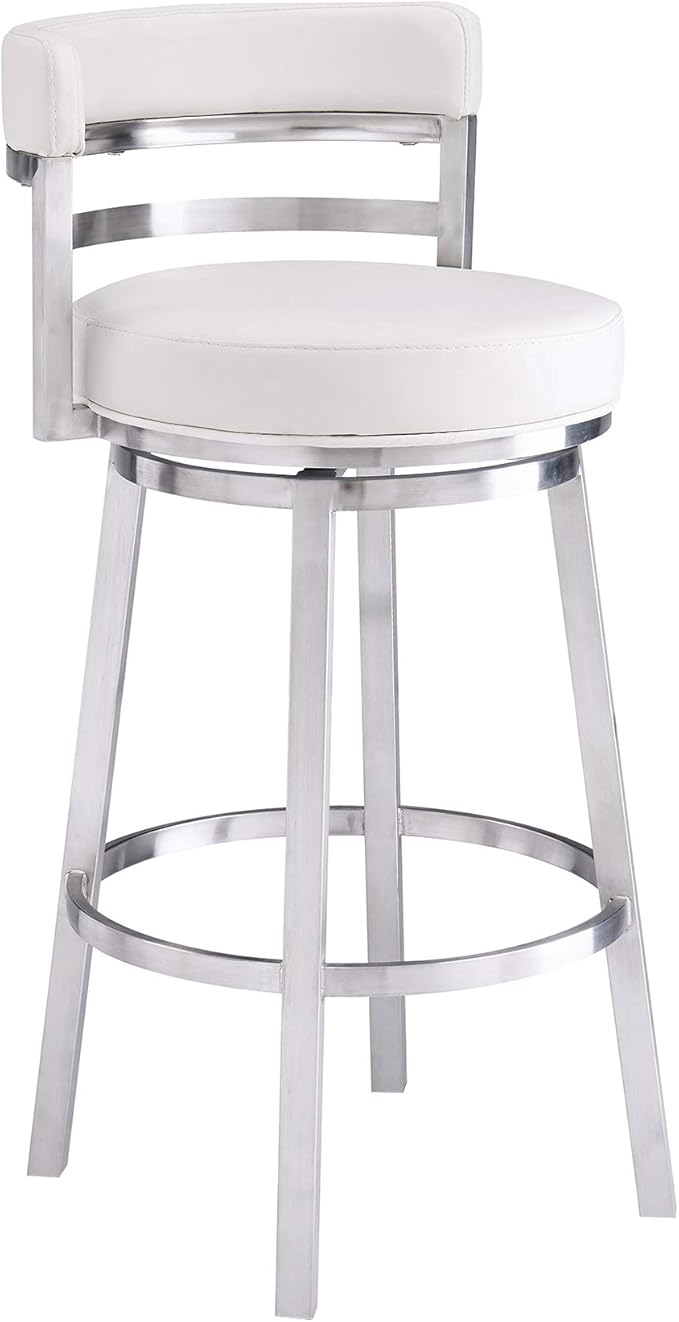 Armen Living Madrid 26" Counter Height Swivel Modern White Faux Leather and Brushed Stainless Steel Bar Stool