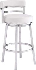 Armen Living Madrid 30" Seat Height Swivel White Faux Leather and Brushed Stainless Steel Bar Stool for Kitchen Island Counter