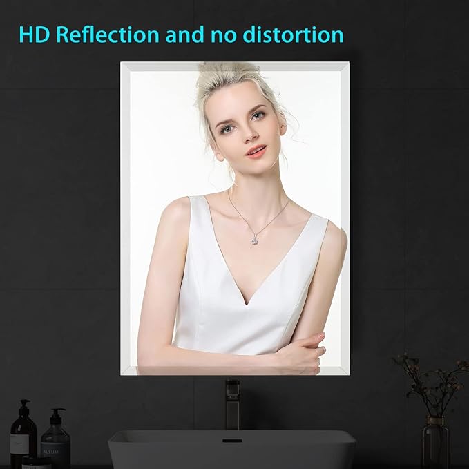 Frameless Beveled Edge Bathroom Mirror 36x24 Inch Rectangle Wall Mirror Explosion Proof and Shatterproof Bathroom Vanity Mirror Wall Mounted Hang Firmly (Horizontal or Vertical)