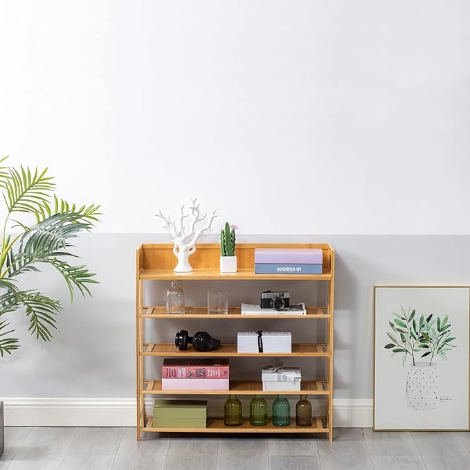 Bamboo Shoe Rack Organizer, 5 Tier Shoe Shelf Storage Organizer, for Entryway, Hallway, and Closet (Nature-31.5)