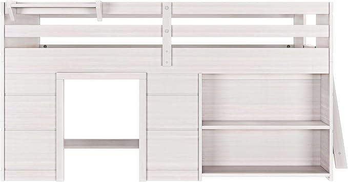 Max & Lily Modern Farmhouse Twin Low Loft Bed with Bookcase - Solid Wood, 15” Guardrails, 400-lb Capacity, Low-VOC Finish, White Wash