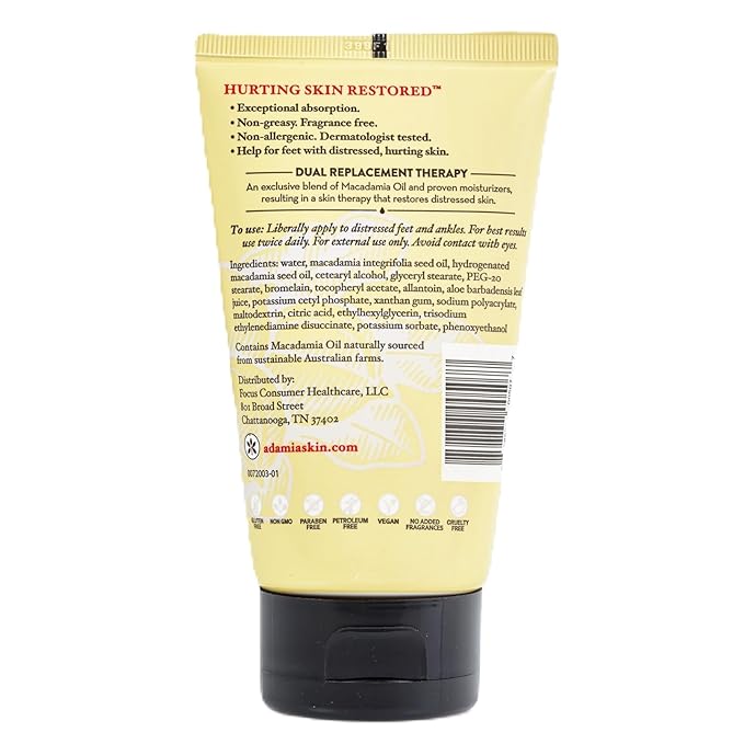 Adamia Therapeutic Repair Foot Cream with Pure Macadamia Oil, 4 Ounce Tube - Fragrance Free, Paraben Free, Non GMO