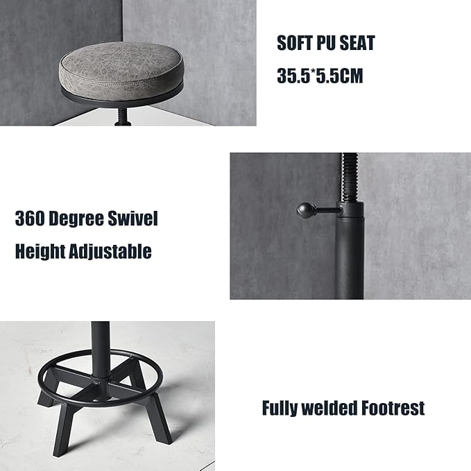 Vintage Bar Stools Set of 2 Industrial Bar Stool Swivel PU Seat Counter Height Adjustable 24-28inch Kitchen Isand Dining Chair