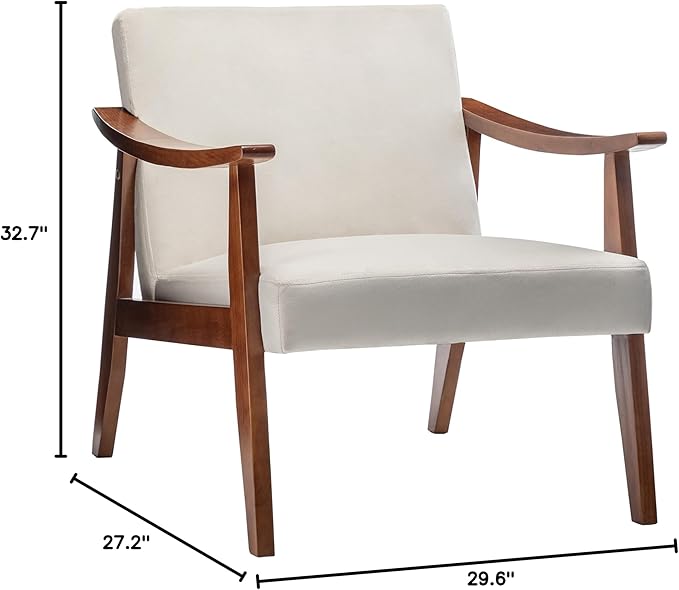Container Furniture Direct Accent Chair with Velvet Upholstery and Solid Wood Frame, Classic Mid-Century Modern Living Room Furniture for Extra Seating, Cream White