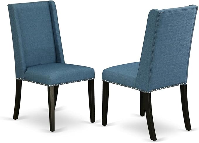 East West Furniture ANFL3-ABK-21 3 Piece Modern Dining Table Set Contains a Round Kitchen Table with Pedestal and 2 Blue Linen Fabric Parson Dining Chairs, 36x36 Inch, Wirebrushed Black