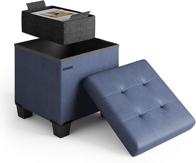 STORAGEBUD Storage Ottoman Cube with Small Bin, 16-in Square Ottoman with Storage for Living Room and Bedroom, Small Ottomans Foot Rest, Faux Leather Foot Stools Ottomans Max 330lbs, Blue