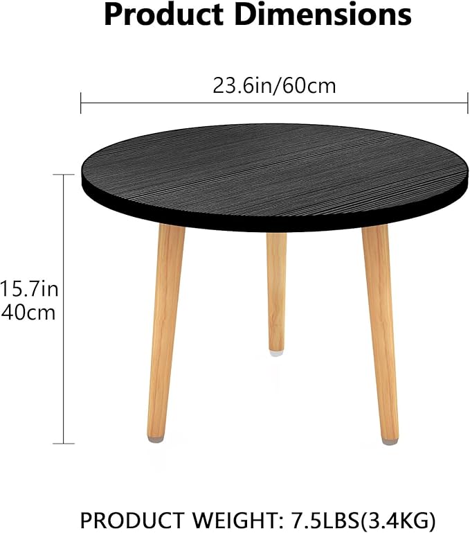 Round Coffee Table Low Table with 3 Solid Wood Sturdy Legs, Floor Table Desk for Sitting on The Floor, Storage and Living Room Furniture (Black)