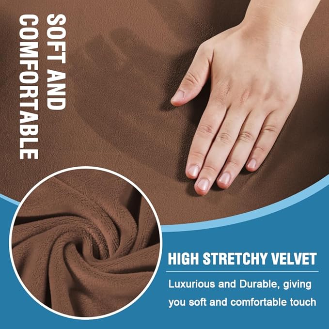 H.VERSAILTEX Thick Velvet Sofa Cover - 4 Piece T Cushion Slipcover Set for 3 Cushion Couch - Stretch, Washable, Caramel