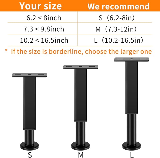 6PCS Adjustable Height Bed Support Legs, 10.2-16.5In, Metal Heavy Furniture Legs with Rubber Non-Slip for Sofa/Cabinet/Couch/Dresser/Table, Furniture Feet Replacement for King Queen Bed Frame Slat