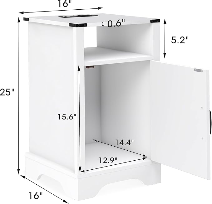 RoyalCraft Nightstand Set of 2, White End Table with Charging Station, Tall Farmhouse Bedside Table with Large Storage and Shelf, Wooden Side Table with for Bedroom, Home Office, White