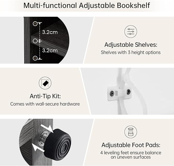 Wooden Bookshelf with Adjustable Shelves, 5 Tier Tall Bookcase for Living Room, Office or Small Spaces,Heavy Dute Bookshelves Storage Organizer, Manga Bookshelf for Collectors,60 Inch,Gray