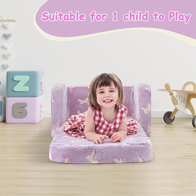 Kids Toddler Chair, 2-in-1 Toddler Couch Fold Out, Convertible Chairs for Toddlers Comfy Sofa to Lounger with Glow in The Dark Feature, Soft for Girls and Boys, Glowing Butterfly