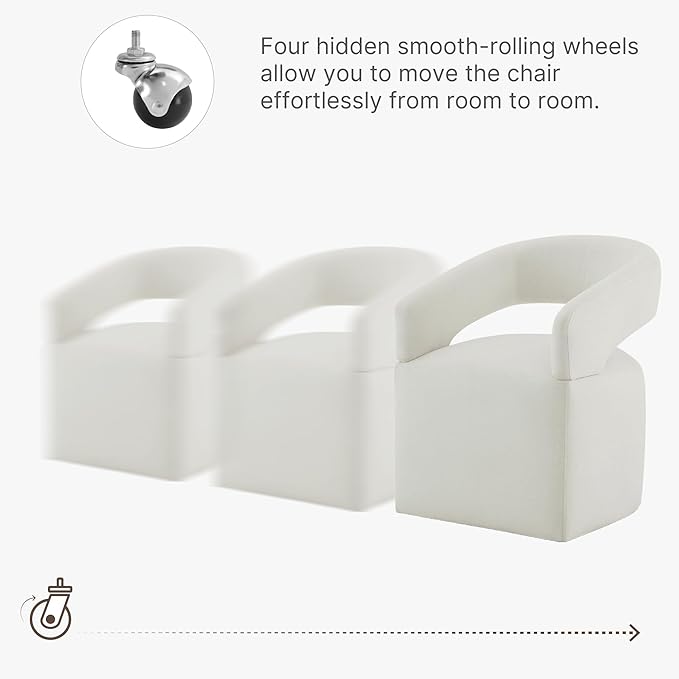 Upholstered Dining Chairs with Removable Casters Barrel Side Armchair with Rollers for Diningroom Bedroom Livingroom Reading Room, Ivory, 1PCS