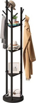 FILWH Bamboo Coat Rack Rotary Freestanding with Shelf Coat Tree Stand for Hallway Entryway with 9 Hooks and 3 Storage Shelves (Black)