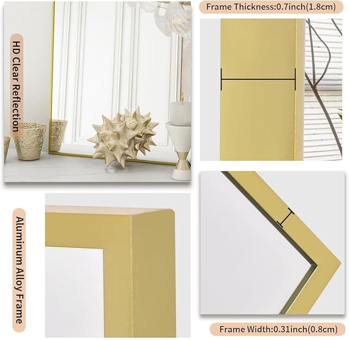 Koonmi Gold Mirrors for Wall, 30x48 Inch Bathroom Mirror, Rectangular Wall Mirror for Living Room Bedroom Bathroom, Hangs Horizontally or Vertically