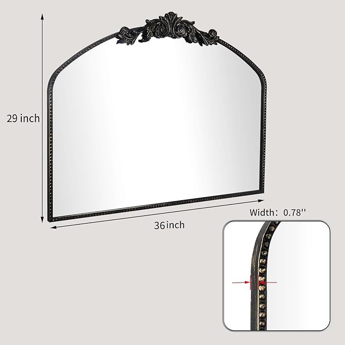 AIXI HOME Vintage Black Arched Mirror 36"X29", Antique Baroque Mantel Wall Mirror with Black Brush Gold Metal Ornate Frame for Entryway/Fireplace/Living Room/Hallway/Bathroom/Bedroom