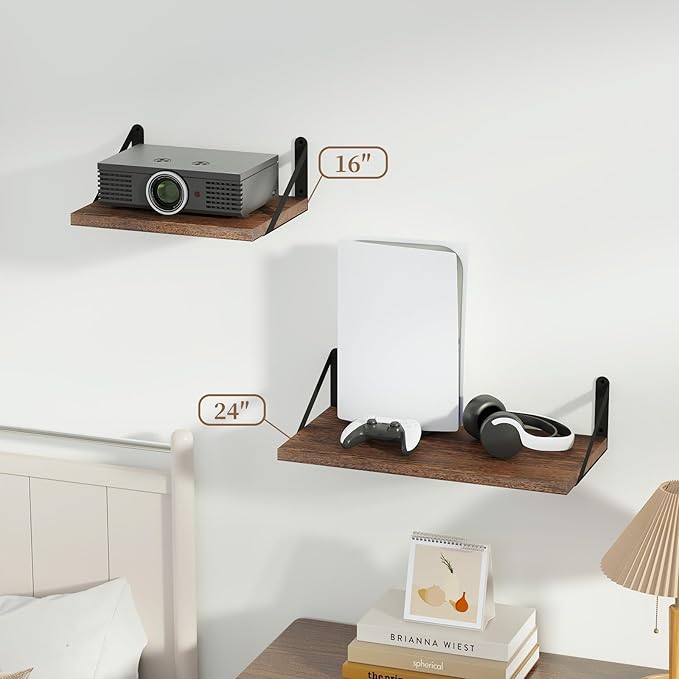 SAUMONIERES Floating Shelves Wall Bookshelf for Bedroom Bathroom Living Room Wood Wall Mounted Wide Deep Storage, Rustic Brown 24 Inch Wall Shelves Set of 2