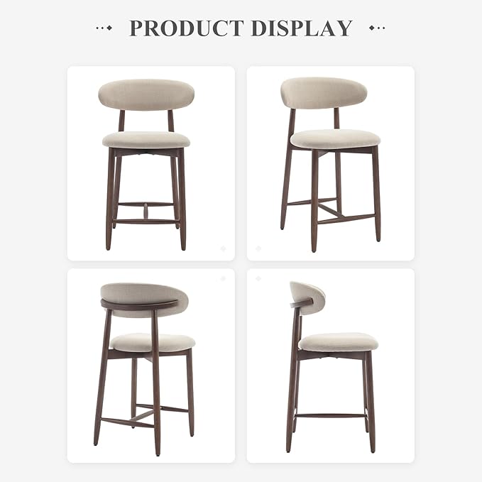 COLAMY Counter Height Bar Stools Set of 3, Kitchen Bar Stools with Back, Mid Century Modern Upholstered, with Wood Legs for Kitchen Island Dining Room, Beige