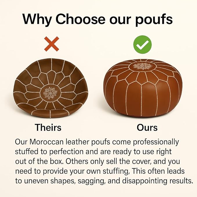 Stuffed Round Design Moroccan Leather Pouf Ottoman, Handmade, Pre-Filled, 100% Genuine Leather, 13” Height x 20” Diameter, Footstool & Living Room Décor (Fuchsia)