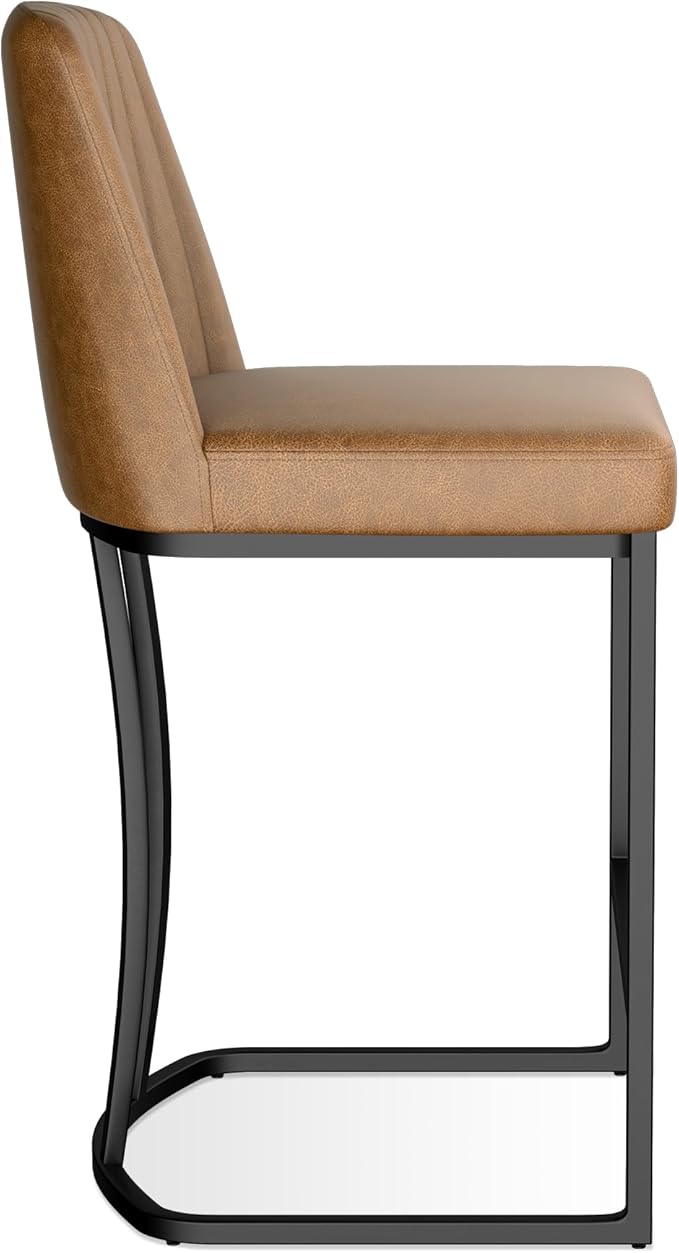 Bar Stools Set of 4, Faux Leather Counter Height Barstools, Upholstered Kitchen Counter Stools with Back and Stitching, 25.6" H Kitchen Island Stools Bar Chair, Metal Framed, Whisky Brown