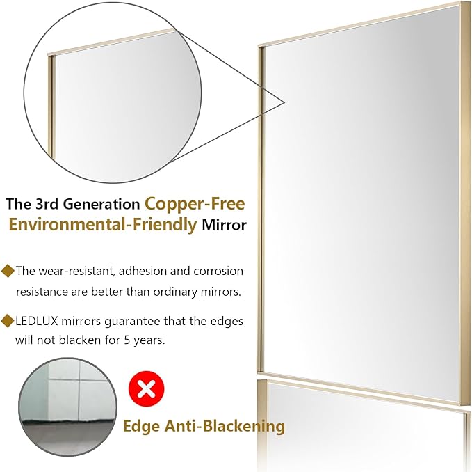 30x40 Inch Gold Bathroom Mirror - Copper-Free Mirror, Aluminum Alloy Frame Vanity Rectangle Wall Mounted Modern Mirror for Bedroom/Living Room/Porch Horizontal or Vertical