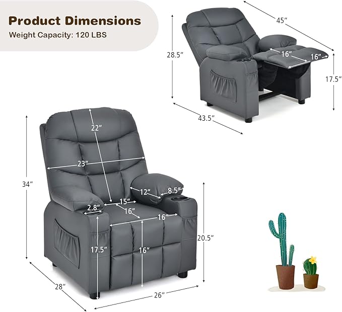 Costzon Kids Recliner Chair with Cup Holder, Adjustable Lounge Chair w/Footrest & Side Pockets for Children Boys Girls Room, Ergonomic Toddler Furniture Sofa, Kids Recliner (Grey)