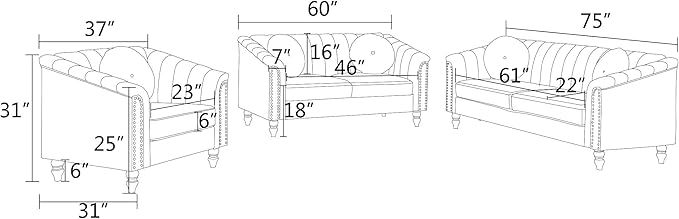 Sectional Sofa Set, Microfiber Chesterfield Upholstered Sofas Loveseat Couch Chair Sets with Style Button Tufted, Scroll Arms and Nailhead for Living Room, Office, Apartment, Grey,3PCS