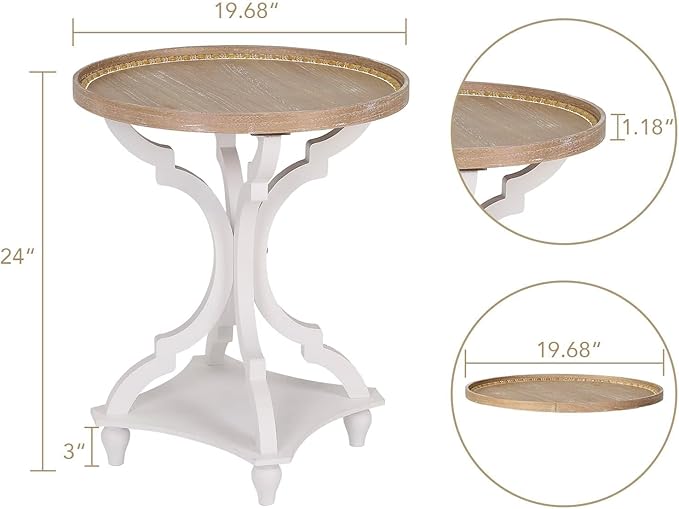 Wnutrees Farmhouse Round Accent End Table, Rustic Side Table Nightstands for Living Room, Wood Tray Top, Handcrafted Finish, Set of 2, White