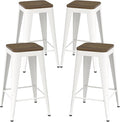 30 inch Backless Bar Stools Set of 4, Indoor Metal Bar Stools with Wood Seat, Industrial Counter Height Barstools for Kitchen Island, White