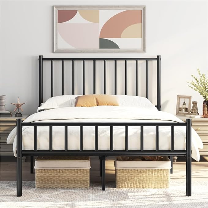 Yaheetech 14 Inch Full Size Bed Frame Metal Platform Bed with Spindle Headboard Footboard/Mattress Foundation/No Box Spring Needed/Underbed Storage Space/Steel Slat Support/Easy Set up, Black