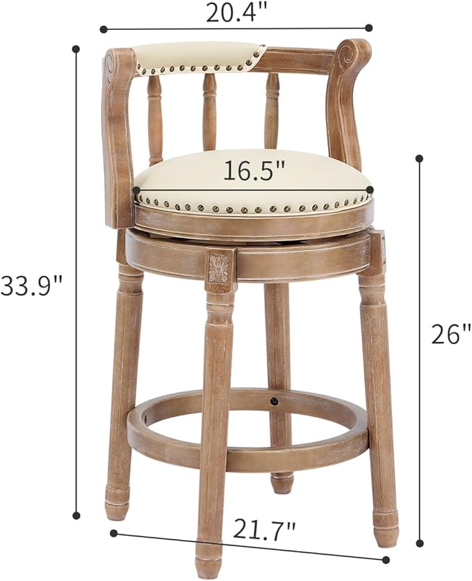 Cow top Leather Wooden Bar Stools, 360 Degree Swivel Bar Height Chair with Backs for Home Kitchen Counter, Morden Chair Barstools (Retro-Beige, Counter Height-Seat Height 26”)