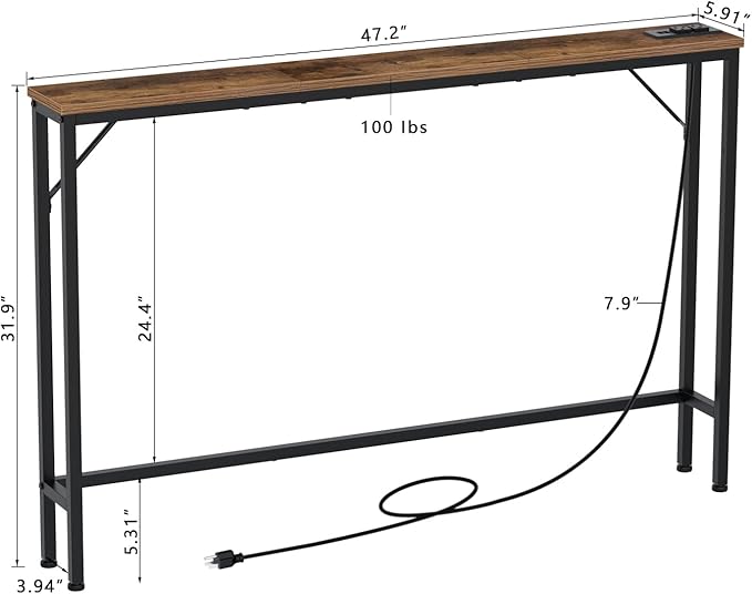 Tohomeor Skinny 5.9" Console Table 47.24" Narrow Long Sofa Table with Power Outlets USB Ports Industrial Wooden Entry Table for Entryway Living Room Hallway (Brown, L-94.4xW-5.91)