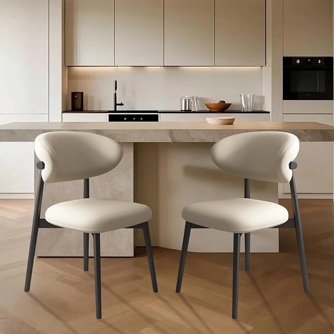 Upholstered Dining Chairs Set of 2,Mid Century Modern Kitchen Chairs with Back and Wood Frame,Faux Leather Dinner Chairs (Light Khaki + Black Legs, Set of 2)
