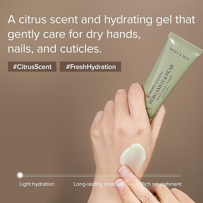 Mary&May SEOUL EDITION Bergamot & Pear Refreshing Hand Cream - Korean Moisturizing Vegan Hand Moisturizer - Refreshing Citrus Scent - Non Greasy Light Gel Cream Texture, 1.69oz.