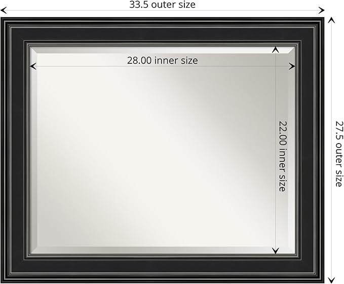 Amanti Art Black Bathroom Mirror for Over Sink, 28x34 Ridge Black Rectangle Vanity Mirror, Large Traditional Frame, Hangs Horizonally and Vertically, Bathroom Wall Decor, Beveled Edge