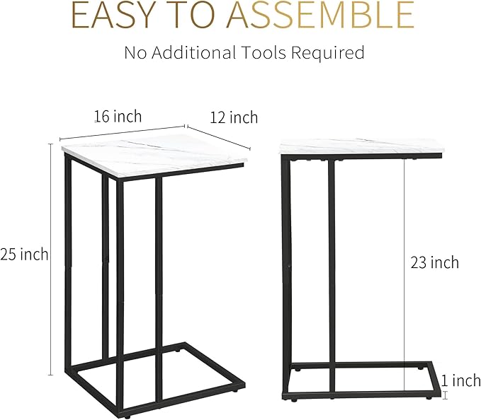 C Shaped Side Table Set of 2, Marble End Table for Sofa and Bed, Couch Table That Slide Under, Snack Side Table for Living Room, Bedroom or Small Spaces, White and Black
