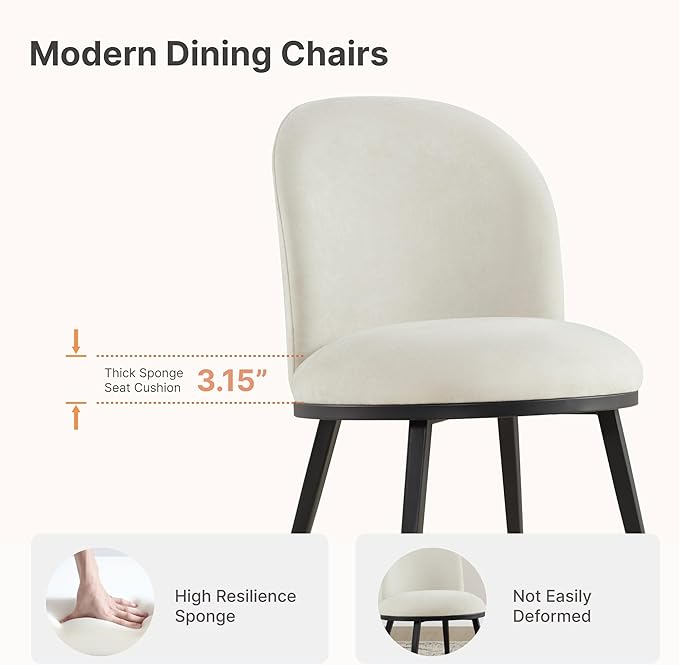 Dining Chairs Set of 4, Fabric Upholstered Dining Room Chairs with Ergonomic Backrest & Metal Legs, Modern Kitchen Side Chairs for Home, Restaurant, and Café, Ivory, 2 Boxs