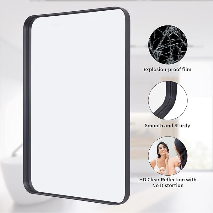 Bathroom Mirror 30x40 inch, Black Gorgeous Deep Frame Wall Mirror, Modern Round Corner Bathroom Vanity Mirror for Bedroom, Living Room, Hanging or Leaning Horizontal or Vertical, Black