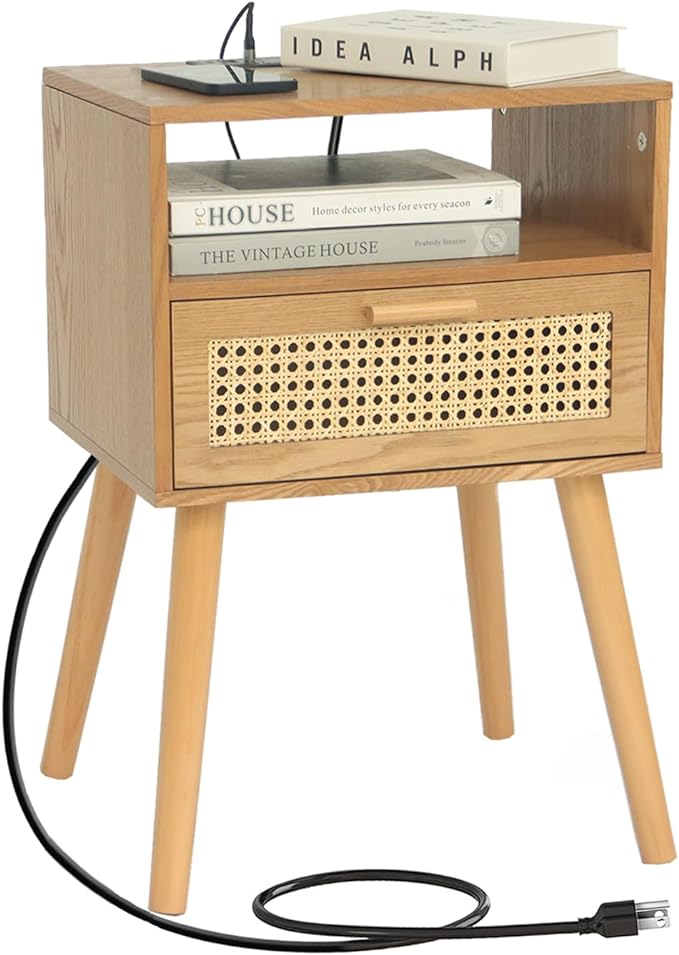 MaxSmeo Mid Century Modern Nightstand with Charging Station, Bedside Tables with Rattan Drawer, Small Wood Nightstand Side Table for Living Room,Bedroom (Brown)
