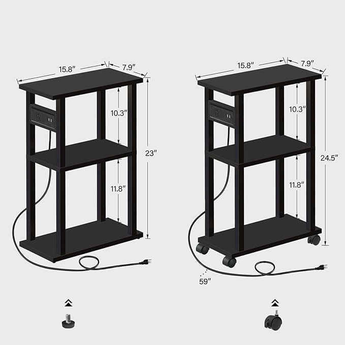 TUTOTAK Small Narrow Side Table with Charging Station, Skinny End Table for Small Spaces, Slim Nightstand with USB Ports and Outlet, Sofa Beside Table with Wheels, Black TB01BK046