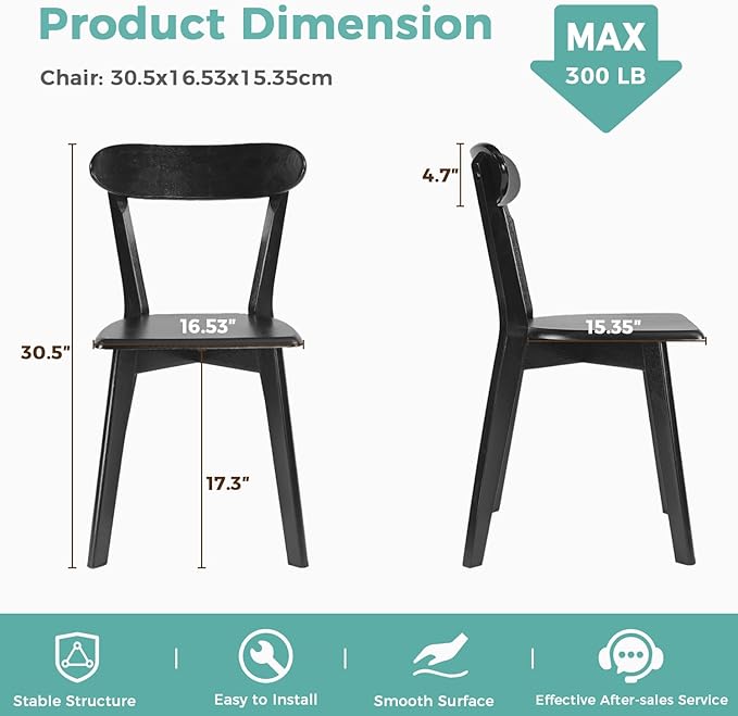 Solid Wood Dining Chairs Set of 2, Mid Century Modern Dining Room Chairs with Curved Backrest, Wooden Armless Kitchen Chairs for Dining Room, Space Saving, Black