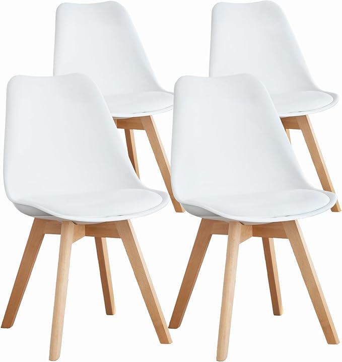 OLIXIS Set of 4 Dining Kitchen Mid-Century Modern Chairs with Wood Legs and PU Leather Cushion for Living Room Bedroom Outdoor Lounge, White